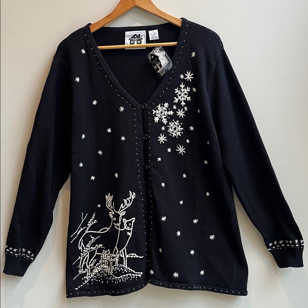 Storybook Knits‎ Deer Winter Cardigan Holiday Beaded Sweater Buttons Embroidery